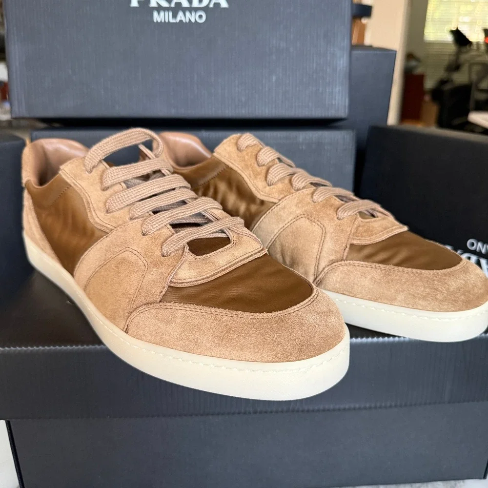 Prada Milano 2EE442 Men Brown Suede & Fabric Low Top Sneakers Trainers Sz UK‎ 7